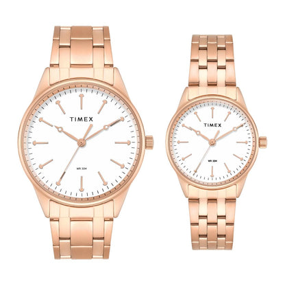 Timex Round White Dial Analog Stainless Steel Pair Watch TW00PR358
