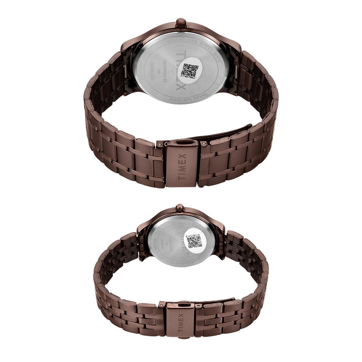 Timex Round Brown Dial Analog Stainless Steel Pair Watch TW00PR364