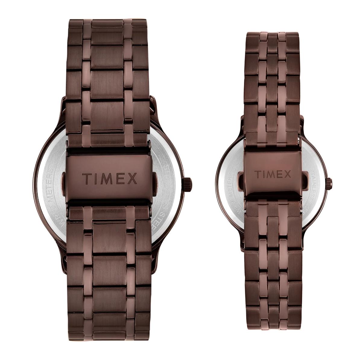 Timex Round Brown Dial Analog Stainless Steel Pair Watch TW00PR364