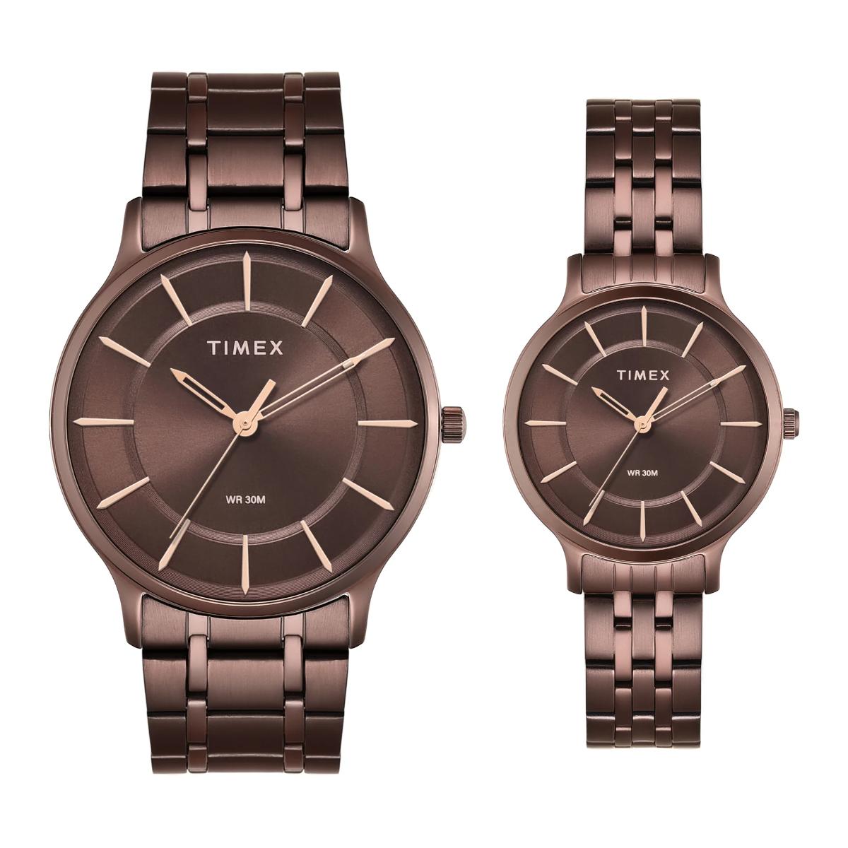 Timex Round Brown Dial Analog Stainless Steel Pair Watch TW00PR364
