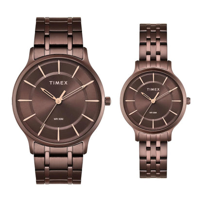 Timex Round Brown Dial Analog Stainless Steel Pair Watch TW00PR364