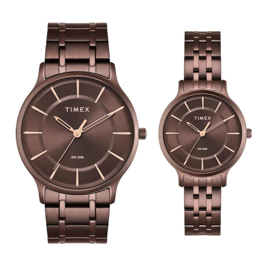 Timex Round Brown Dial Analog Stainless Steel Pair Watch TW00PR364
