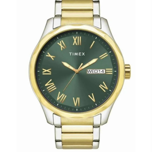 Timex watch with gold and silver band on a white background