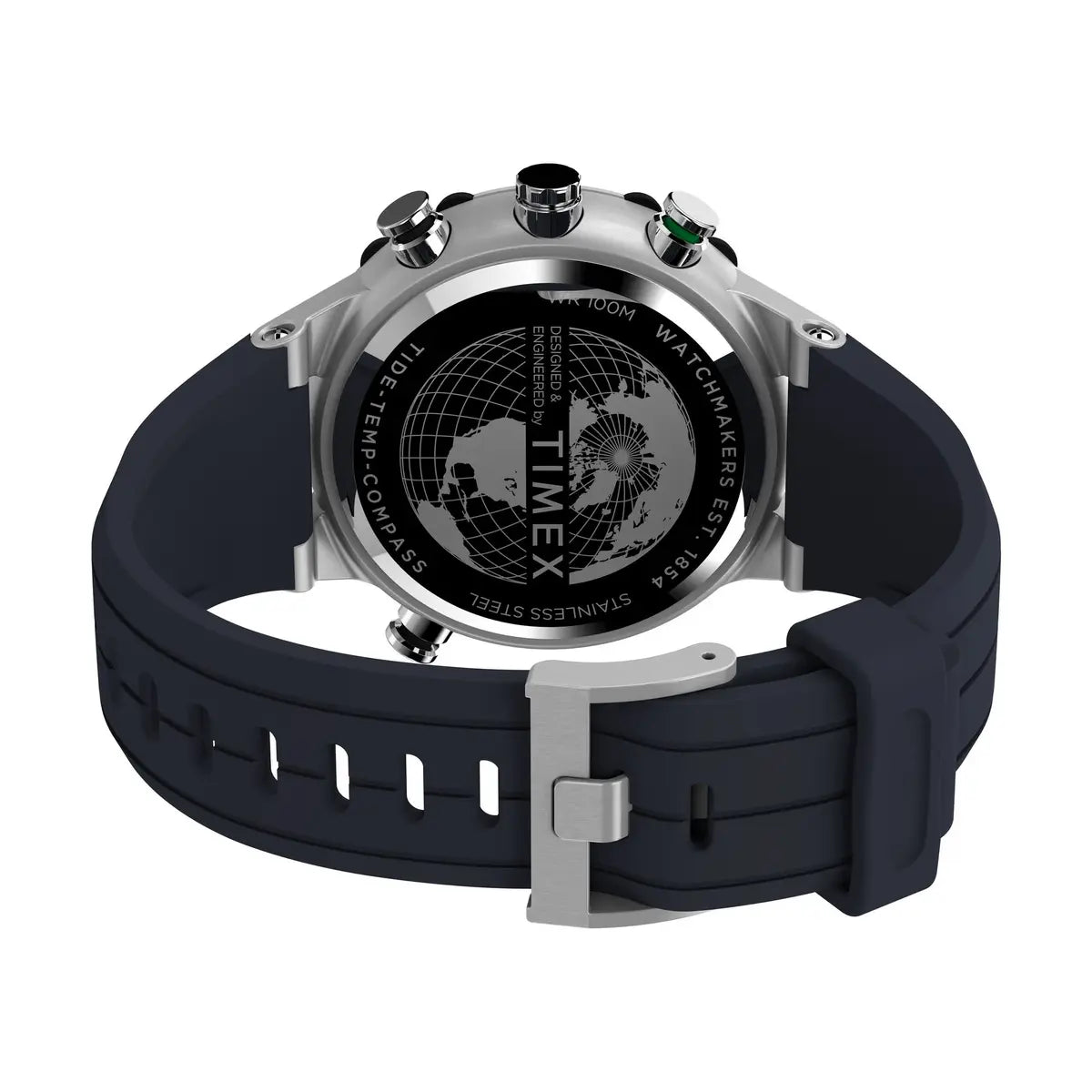 Timex watch with black strap and silver case on a white background