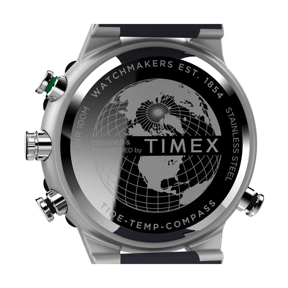 Timex smartwatch with world map design on a white background