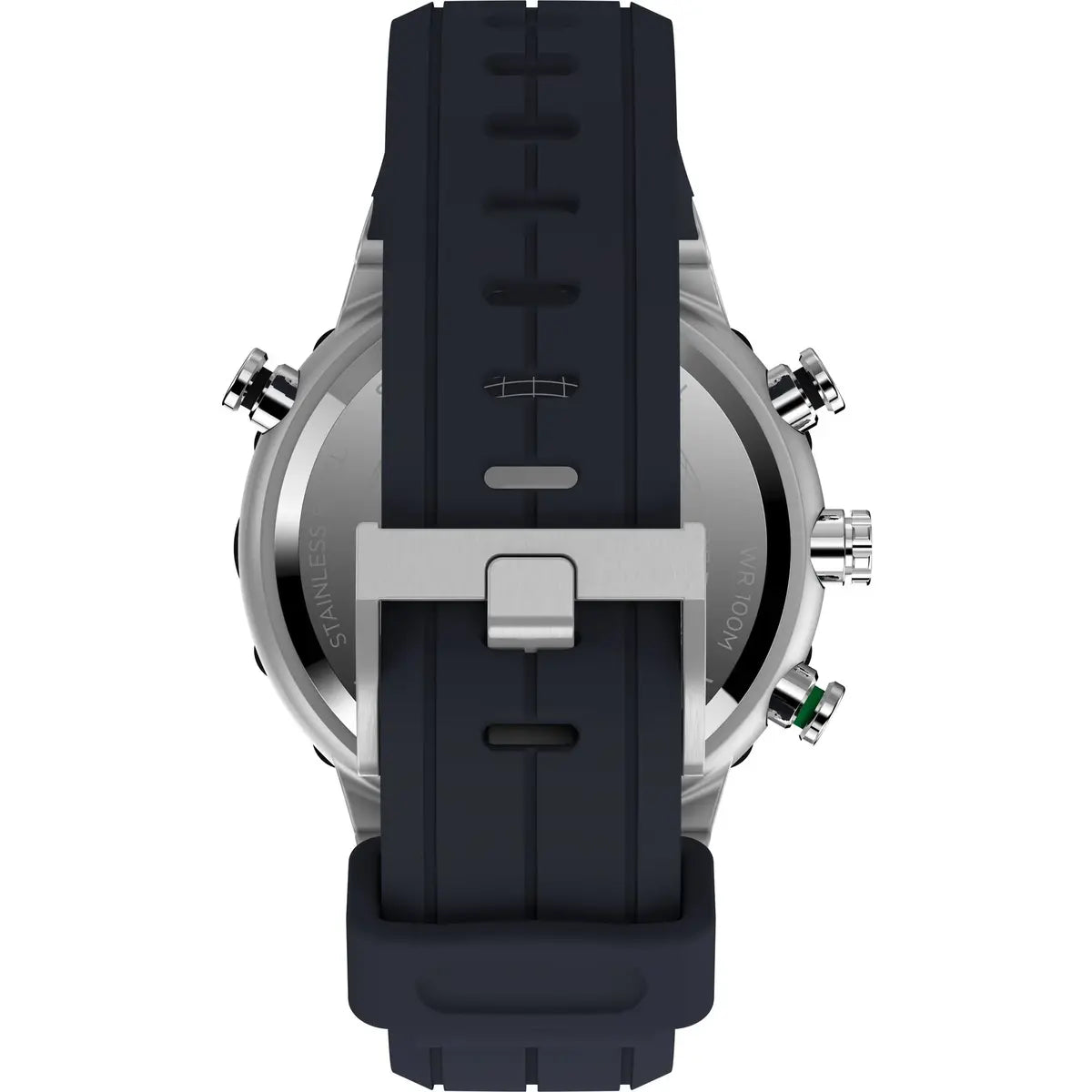 Smartwatch with black strap and silver case on a white background