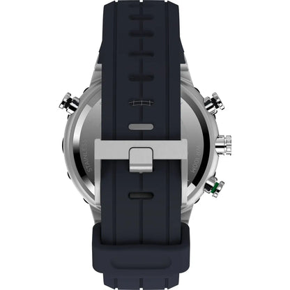 Smartwatch with black strap and silver case on a white background