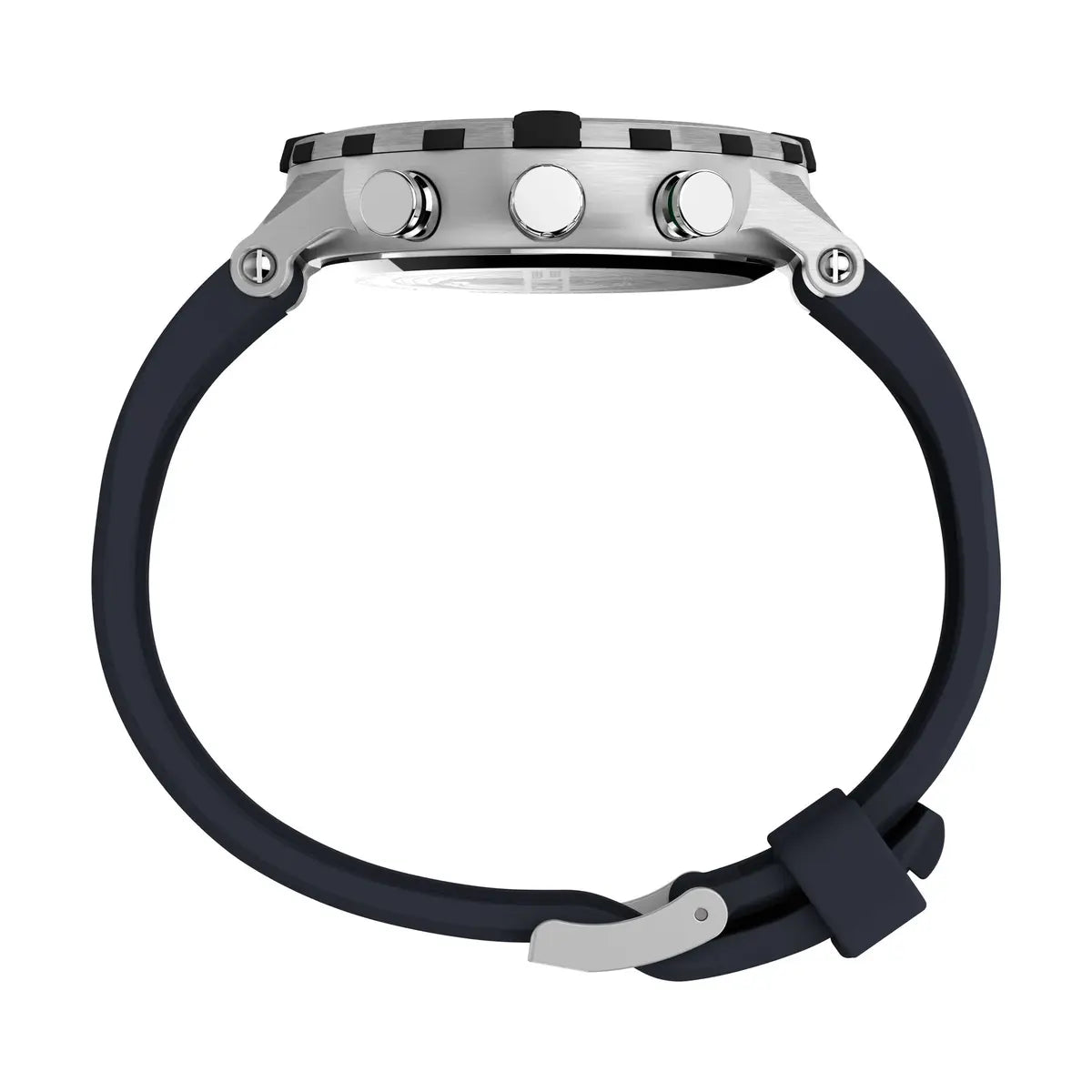 Black watch strap with silver clasp on a white background
