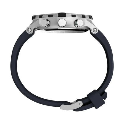 Black watch strap with silver clasp on a white background