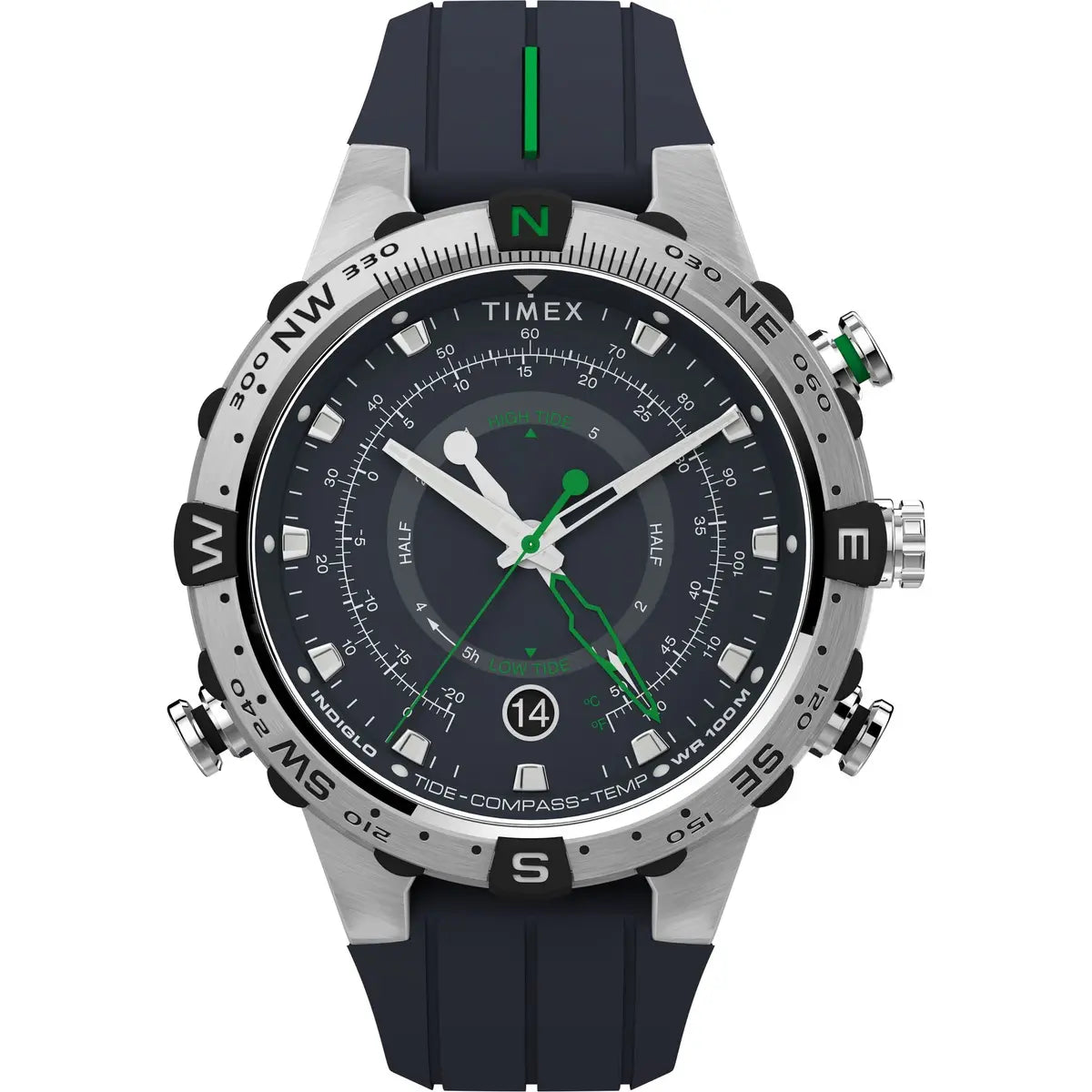 Timex watch with a black strap and green accents on a white background