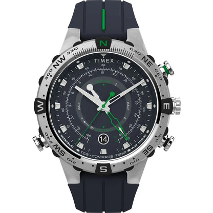 Timex watch with a black strap and green accents on a white background