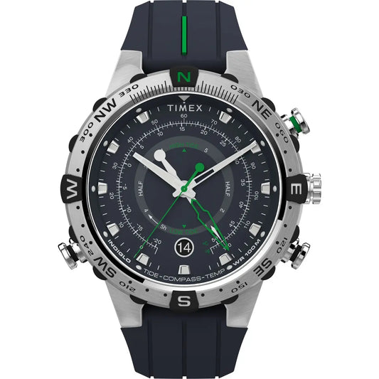 Timex watch with a black strap and green accents on a white background