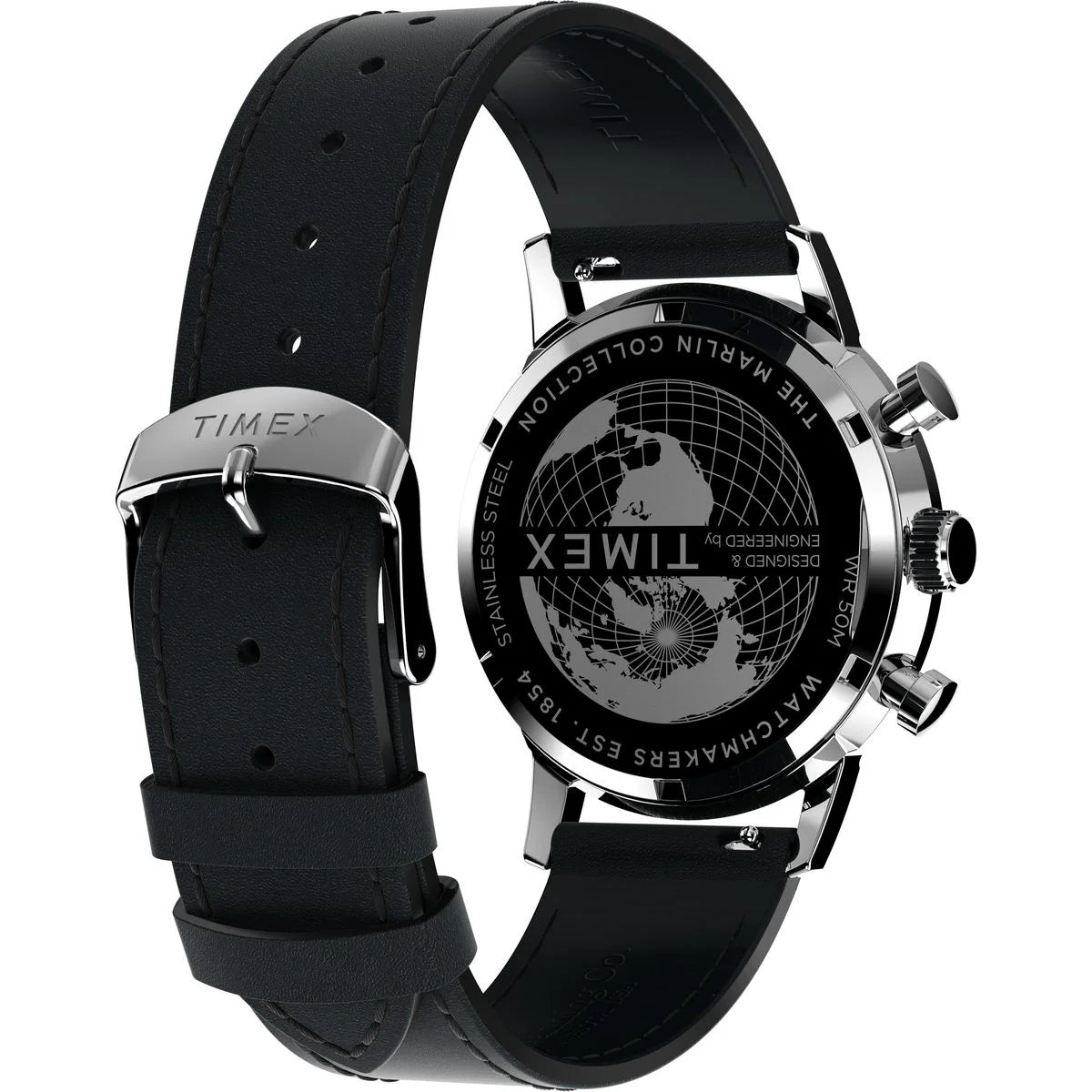 Black Timex watch with detailed face on a white background