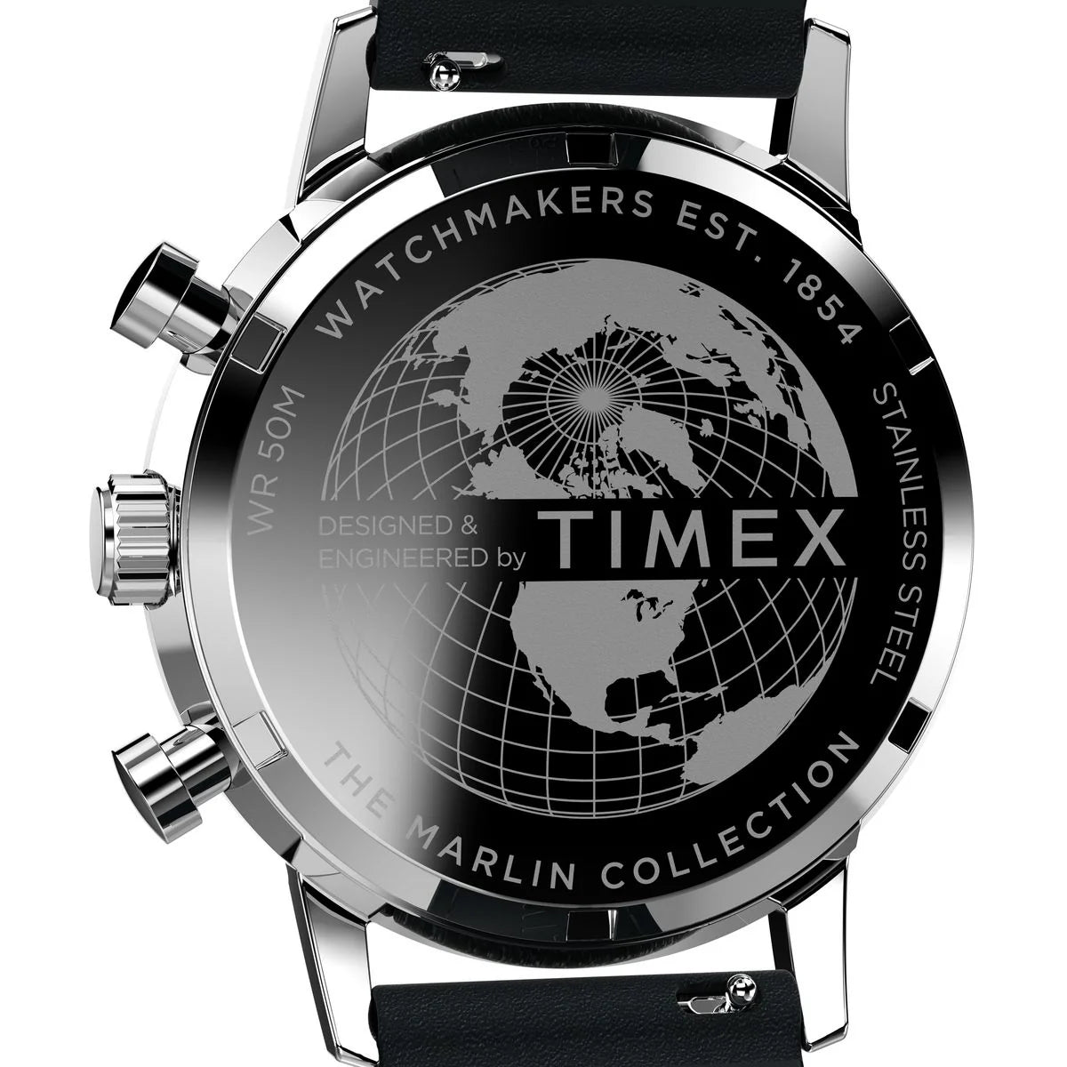 Timex watch with world map design on a white background