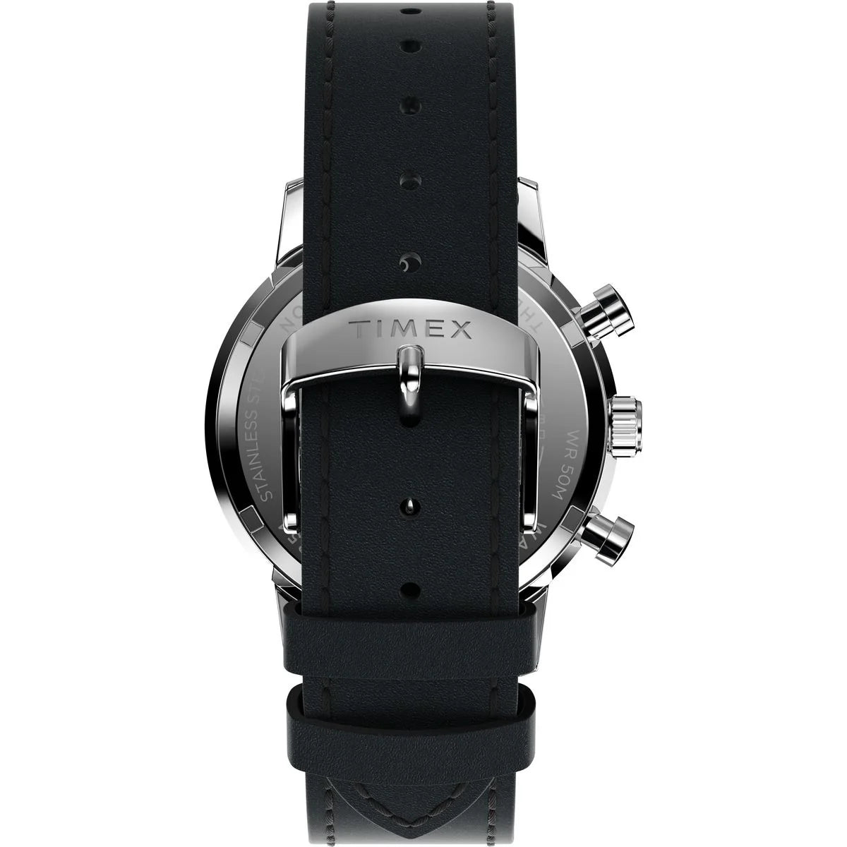 Timex watch with black leather strap on a white background