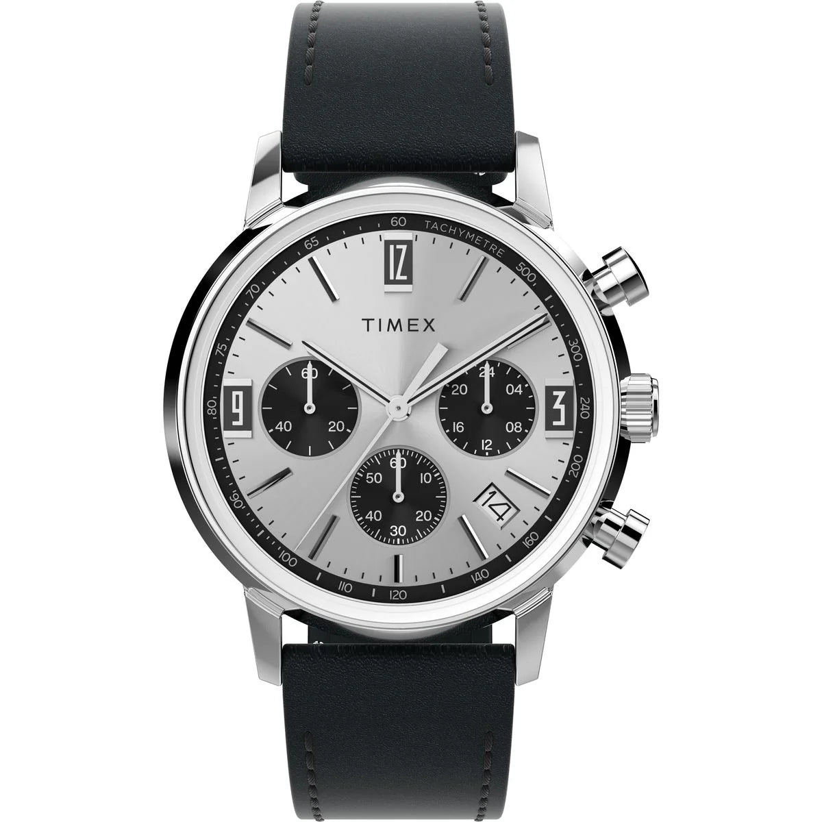 Timex watch with black leather strap and silver case on a white background