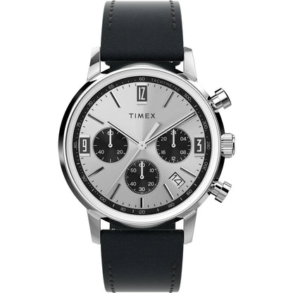 Timex watch with black leather strap and silver case on a white background