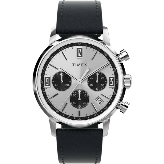 Timex watch with black leather strap and silver case on a white background