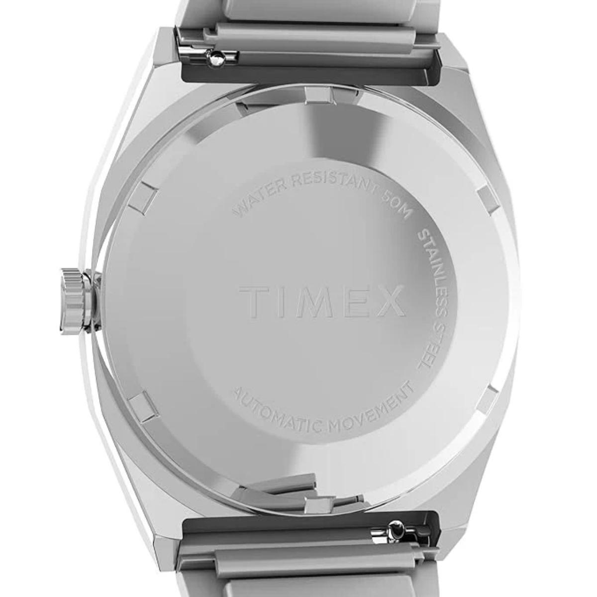 Back view of a Timex watch with branding and material details on a white background