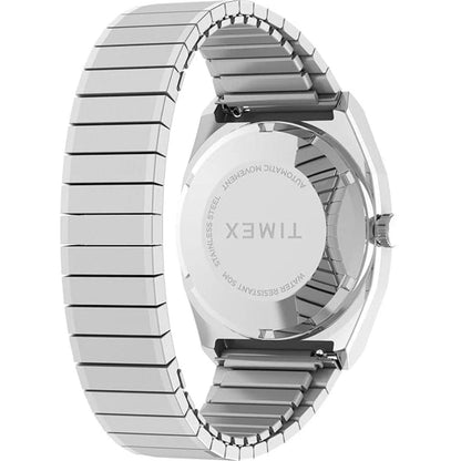 Silver watch with a metallic band on a white background