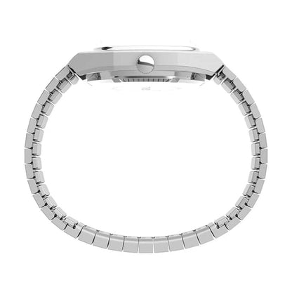 Close-up of a silver watch band on a white background