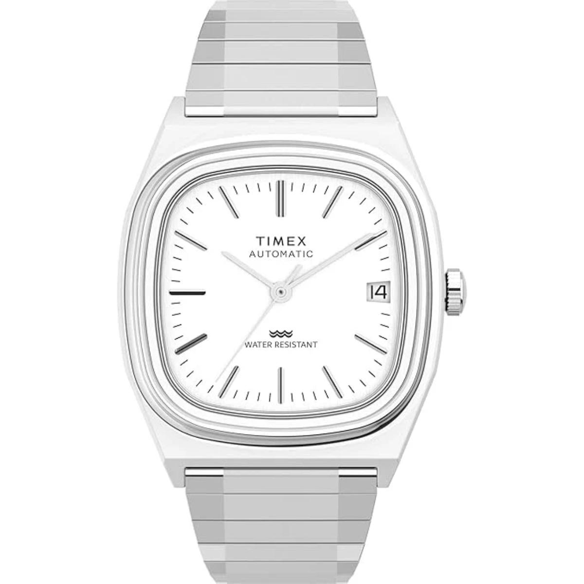 Silver Timex watch with a white face on a white background