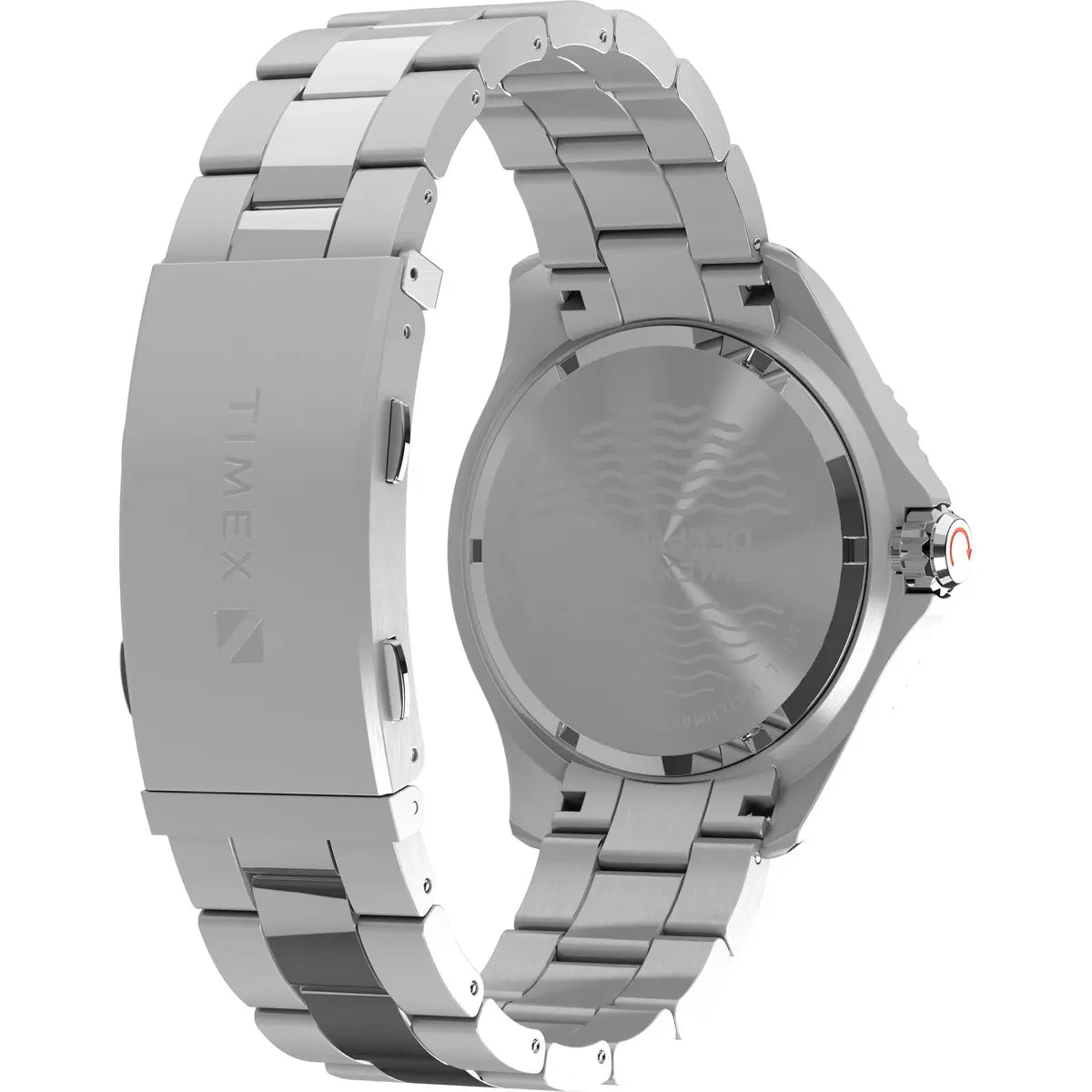 Silver Timex watch with metal band on a white background