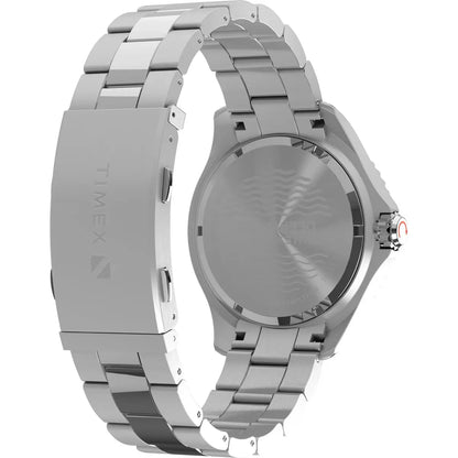 Silver Timex watch with metal band on a white background