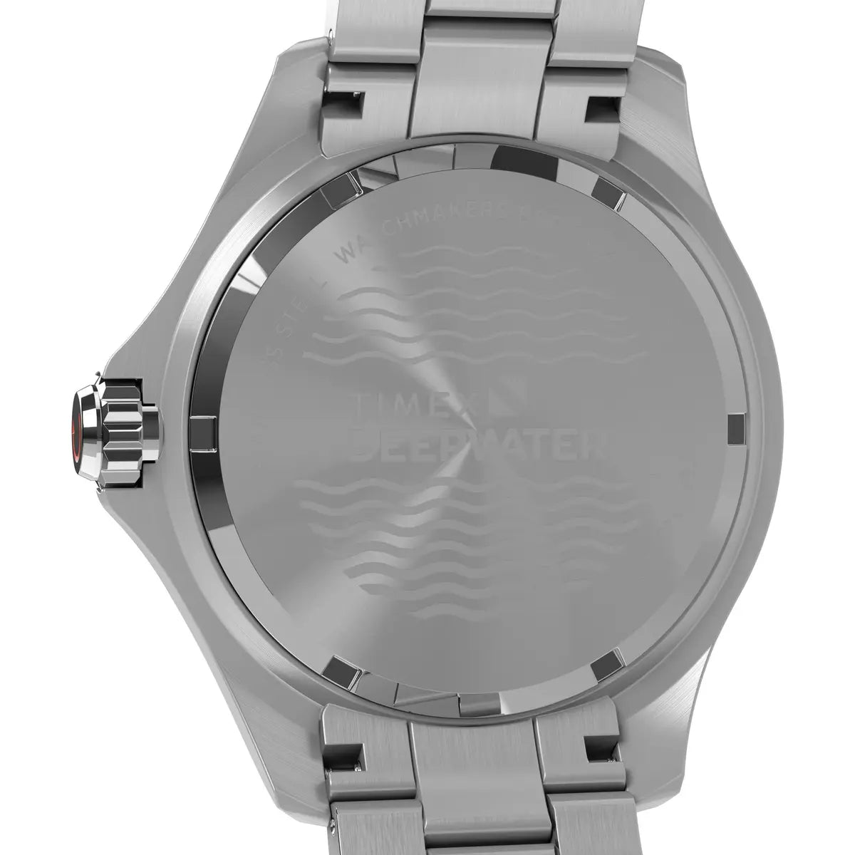 Silver watch with a detailed back design on a white background