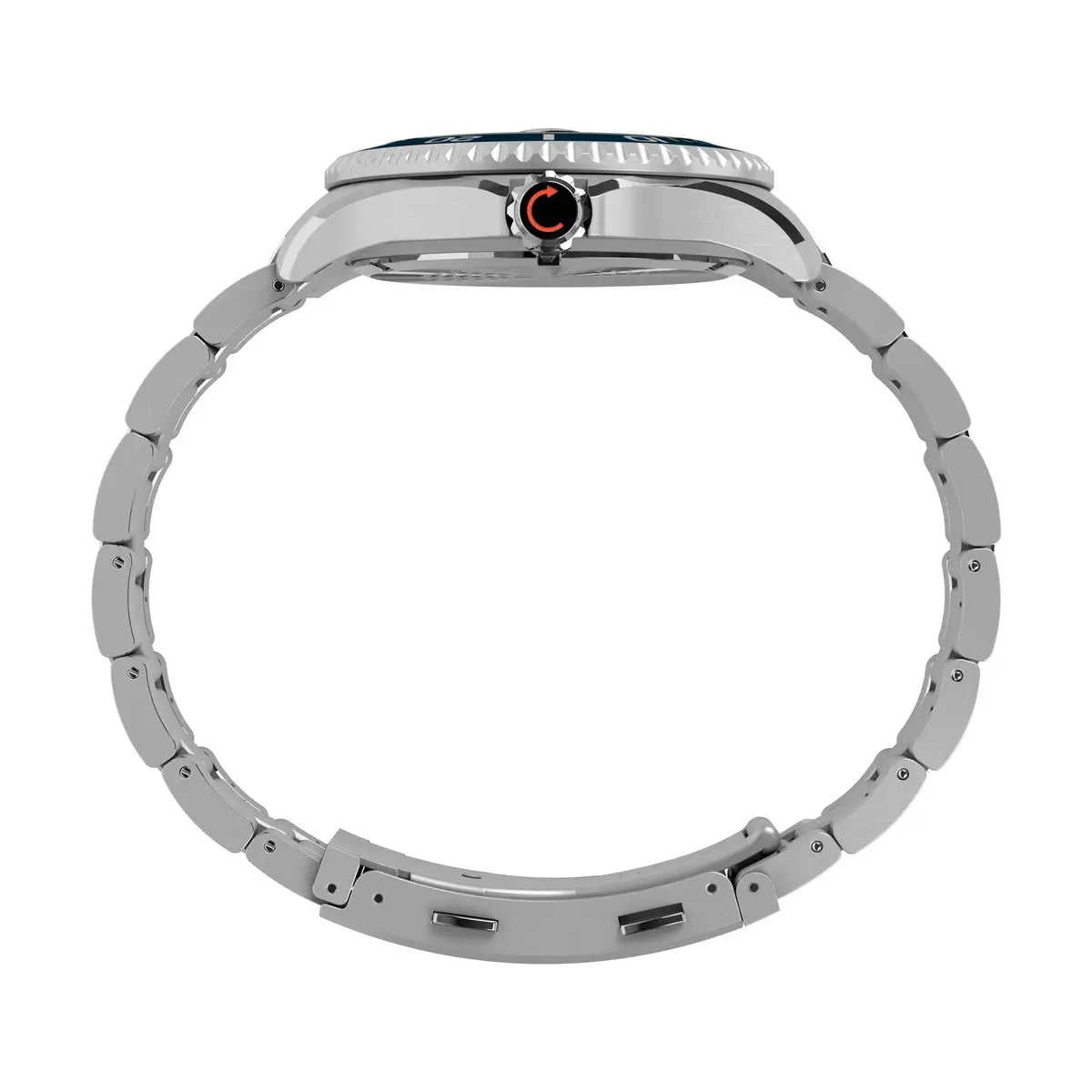 Close-up of a silver watch band on a white background