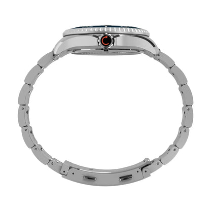 Close-up of a silver watch band on a white background
