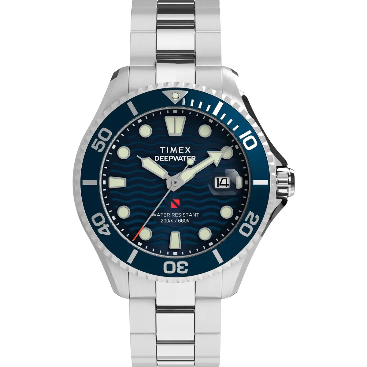 Timex Deepwater watch with blue dial and silver metal strap on a white background