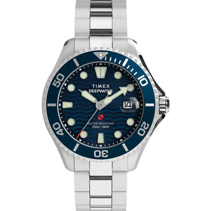 Timex Deepwater watch with blue dial and silver metal strap on a white background