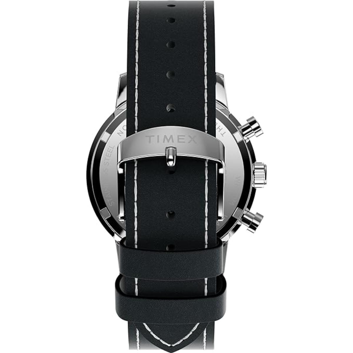 Timex watch with black leather strap on a white background