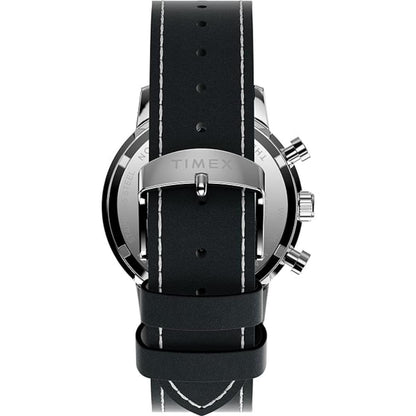 Timex watch with black leather strap on a white background