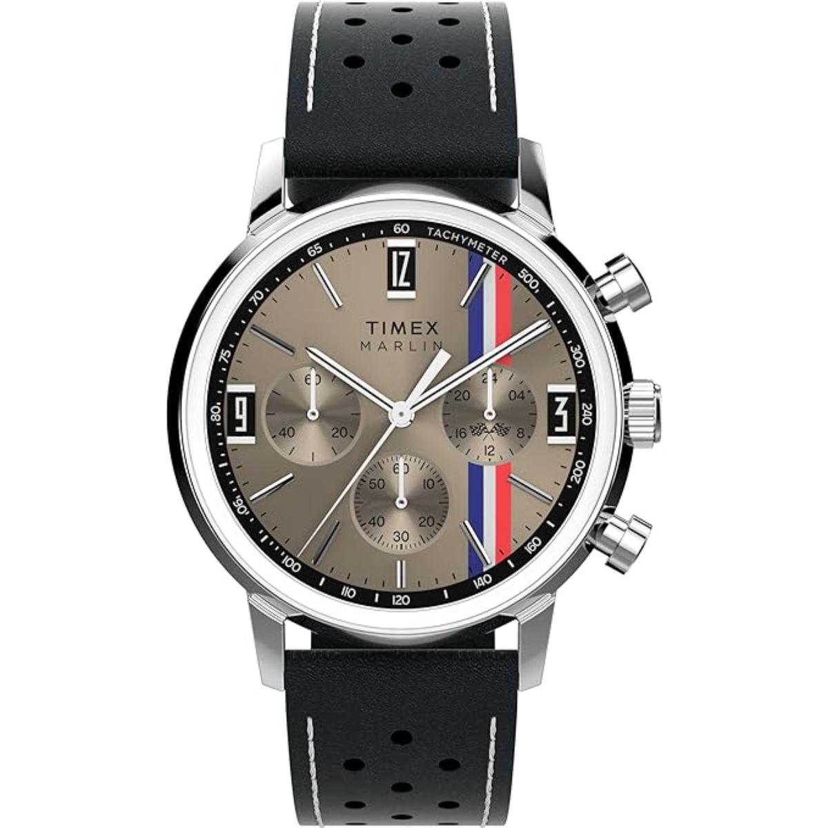Timex watch with black strap and brown dial on a white background