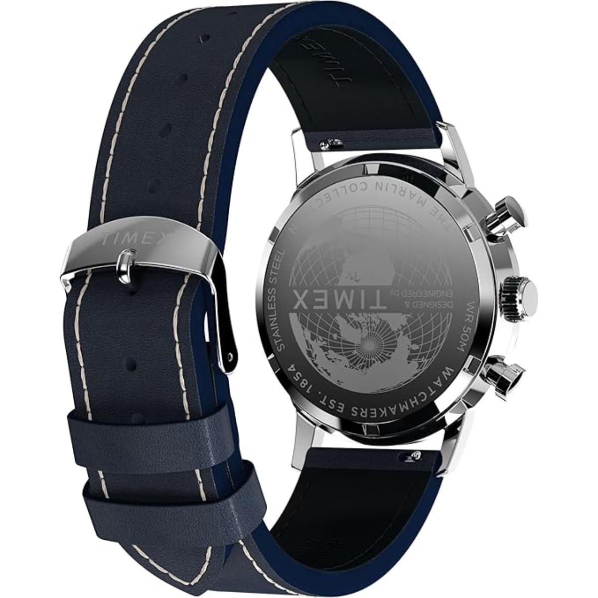 Wristwatch with blue strap and silver case on a white background