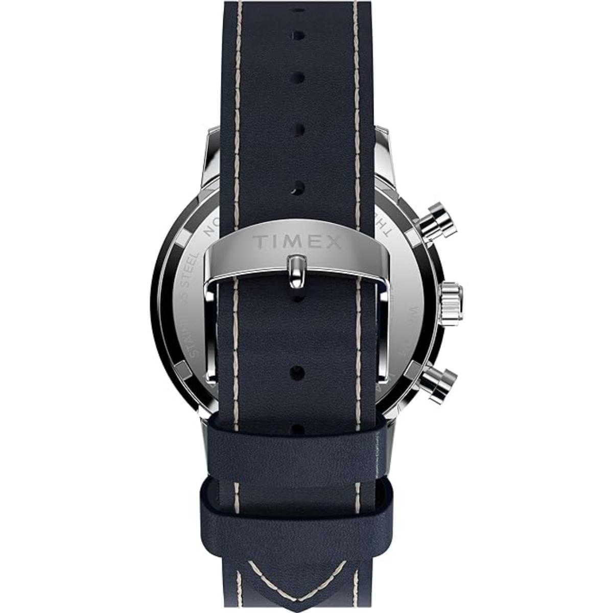 Timex watch with navy blue strap on a white background