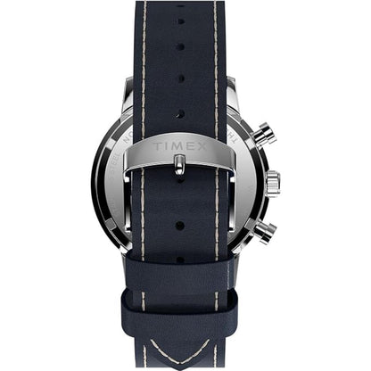 Timex watch with navy blue strap on a white background