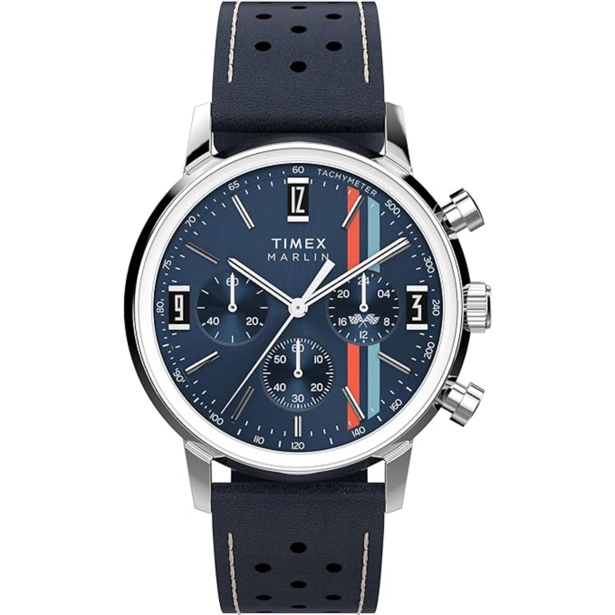 Timex watch with blue strap and blue dial on a white background