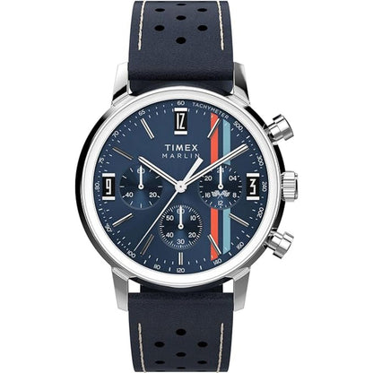 Timex watch with blue strap and blue dial on a white background