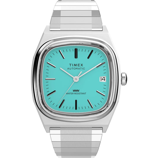 A TIMEX automatic analog men's watch with a blue rectangular dial and a silver metal band.