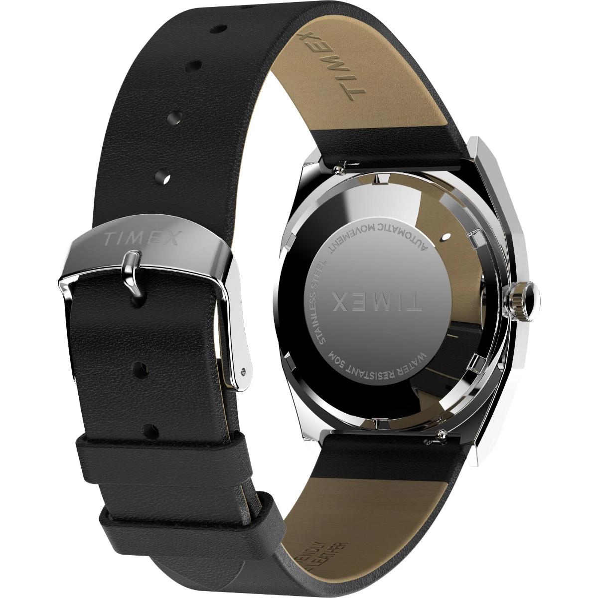 Black Timex watch with a metallic case on a white background