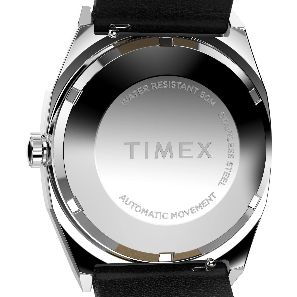 Timex watch back with brand name on a white background