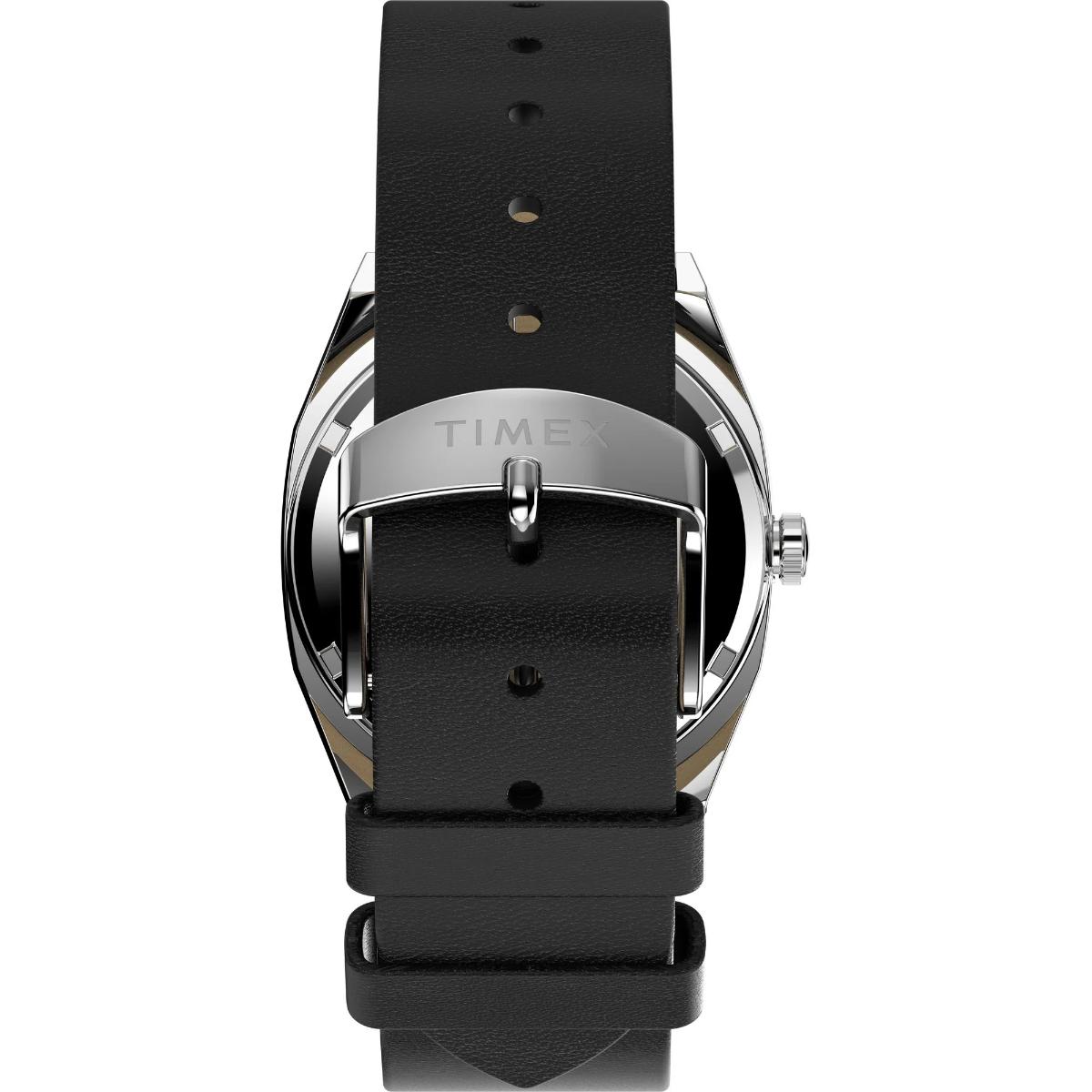 Black watch with a silver case on a white background