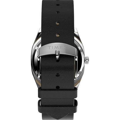 Black watch with a silver case on a white background