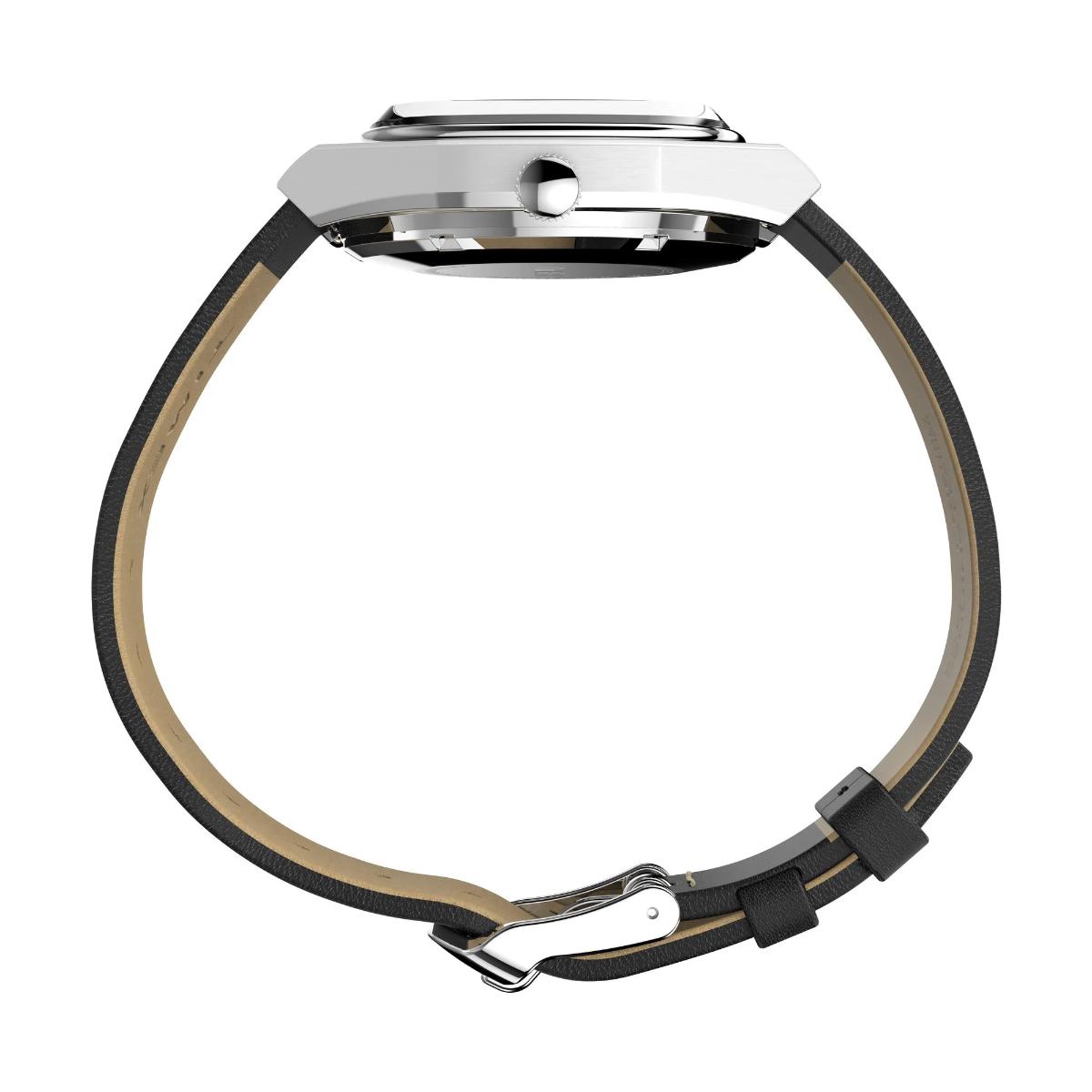 Watch with black strap and silver case on a white background
