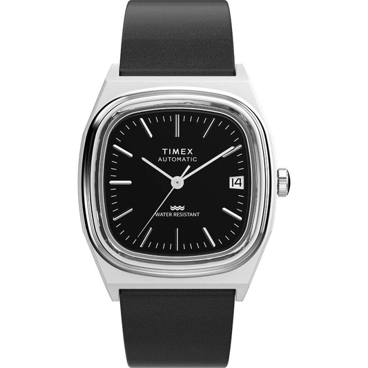 Timex watch with black face and strap on a white background
