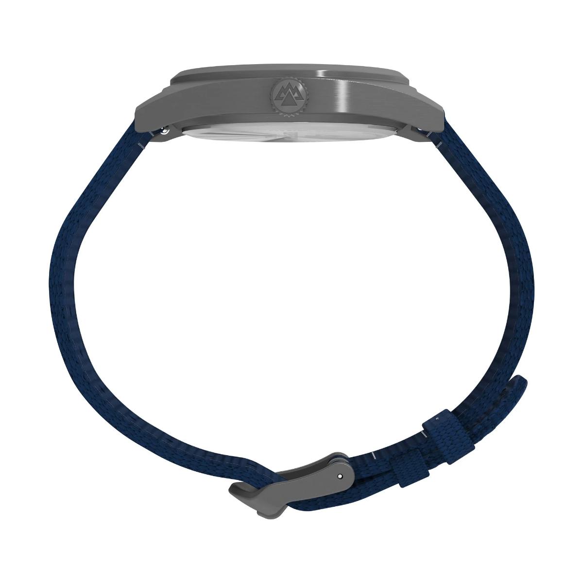 Navy blue dog collar with gray metal clasp on a white background