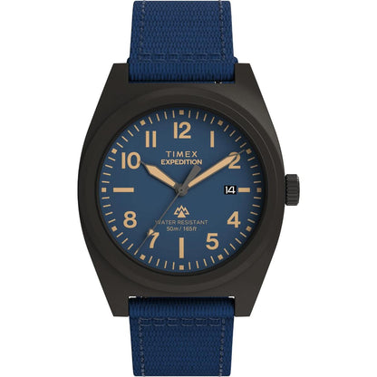 Timex watch with blue strap and navy dial on a white background